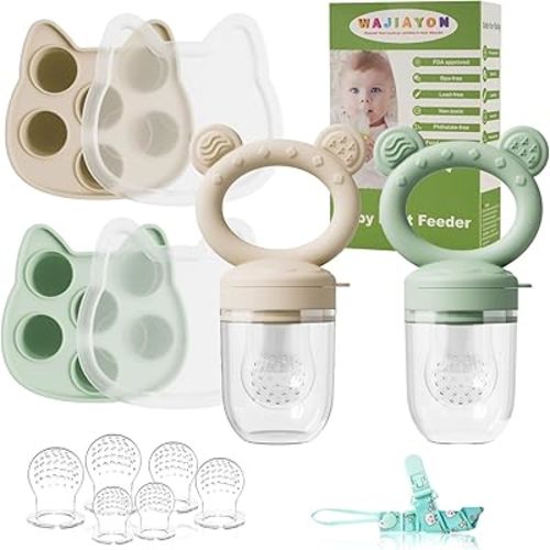 Baby Breastmilk Popsicle Molds & Baby Fruit Feeder (4 Pack), Infant Food Freezer Tray Storage Containers, Silicone Teething Pacifier Feeder and Teether for Babies,Boys and Girls-Beige&Green