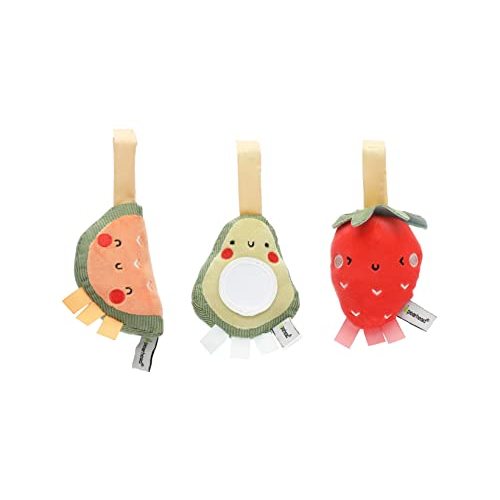Pearhead Fruit Stroller Toys, Plush Corduroy Baby Travel Car Seat Toy Set, Baby Hanging Interactive Toys, Gender-Neutral Baby Travel Accessories, Strawberry Avocado Watermelon Set of 3