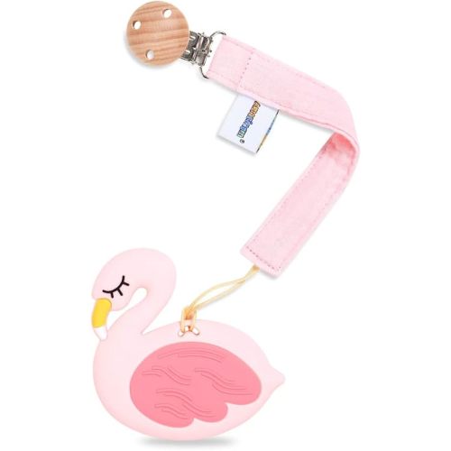Baby Food Grade Silicone Teether Toy with Pacifier clip Holder,Teething Pain Relief Toys Gift Set for 3 Months+ Boys and Girls,Freezer Safe,BPA Free (Pink Flamingo)