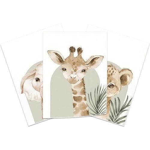 HNNXAR Nursery Poster Wall Art Set Of 3 Baby Boy Girls Kids Room Picture Wall Decor Jungle Safari Lion Elephant Giraffe Canvas Painting Cute Animal Prints For Children Toddlers Bedroom 12x16 Unframed