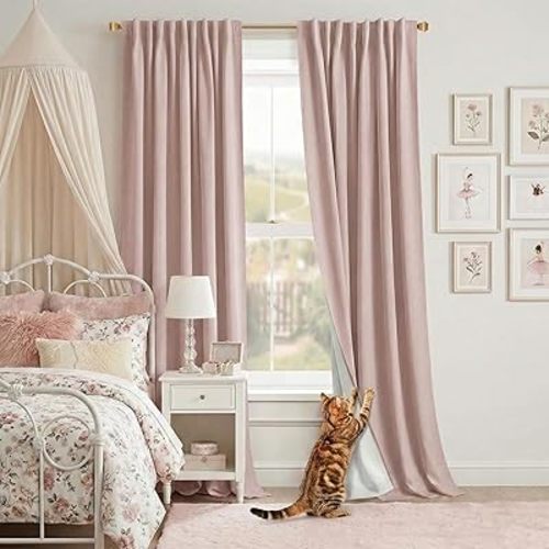 Dusty Blush Pink Blackout Curtains for Nursery & Girls Room, Cat Scratch Resistant Matte Textured Drapes with Hooks for Customizable Beautiful Pinch Pleats for Bedroom, 84 Inches Long 2 Panels