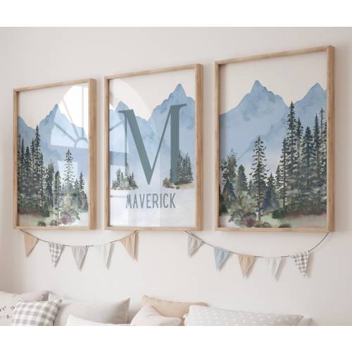 Woodland Nursery Art, Personalized Name Prints, Mountain Nursery Decor, Adventure Theme Nursery, Forest Nursery Prints, Boy Nursery Decor