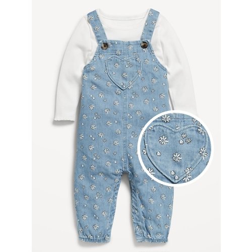 Long-Sleeve Ribbed Top and Jean Overalls Set for Baby