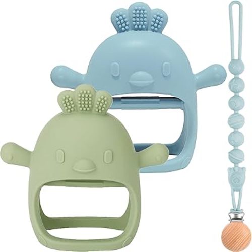 3 Packs Baby Teether Toy for 0-6 6-12 Months,Hold & Wear,BPA Free,Food Grade Silicone Teething Mitten, Anti Dropping Wrist Hand Teethers Baby Chew Toys for Sucking Needs(Blue & Green)