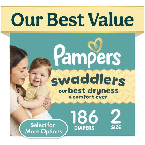 Pampers Swaddlers Size 2 Diapers, 186 Count, Leak-Guard Barriers, Hypoallergenic, Paraben & Latex-Free