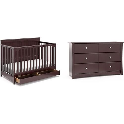 Graco Hadley 5-in-1 Convertible Crib with Drawer (Espresso) – Crib with Drawer Combo & Storkcraft Crescent 6 Drawer Double Dresser (Espresso) – GREENGUARD Gold Certified