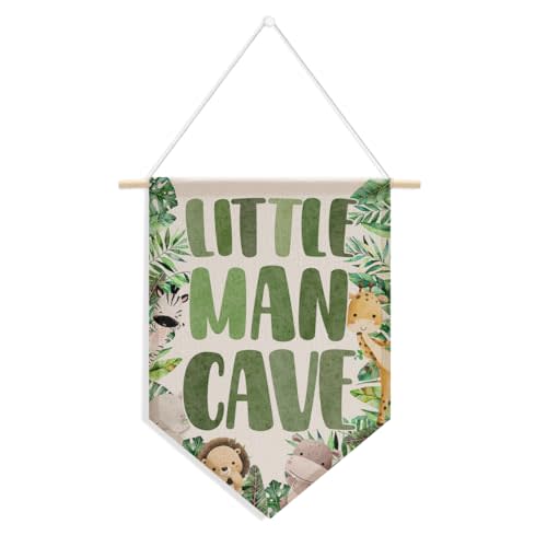 Little Man Cave Sign for Boys Toddler Baby Room Nursery Wall Decor Jungle Animal Wall Hanging Pennant Flag Banner Playroom Boys Bedroom Gaming Room Home Decor Wall Art Baby Shower Birthday Gifts