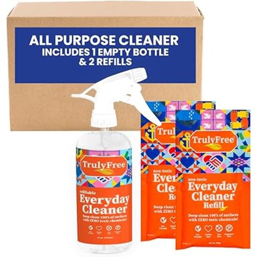 Truly Free Everyday Cleaner - All Purpose Natural Cleaner Spray, Household Cleaning Supplies - 16oz Empty Spray Bottle, 2 Refills (3 oz Each)