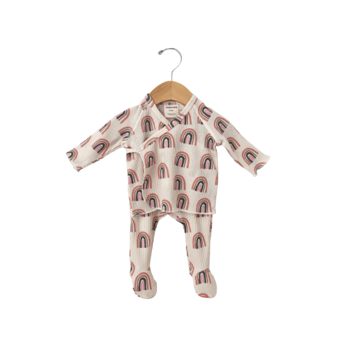 Organic Waffle Kimono & Pant Set, Pink Rainbow