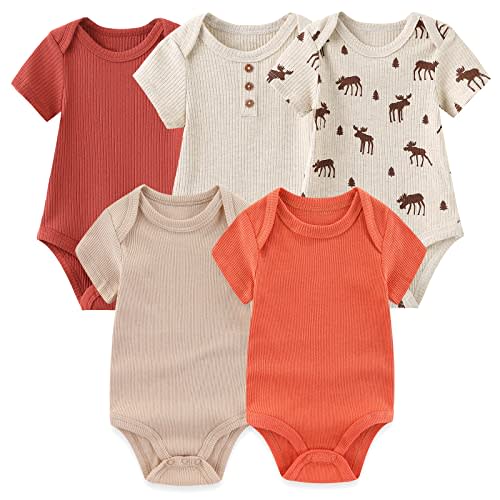 MAMIMAKA Newborn Baby Short Sleeve Bodysuit Cotton One-Piece Baby Clothes 5-Pack, 0-12 Months