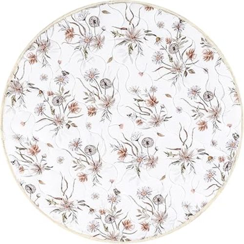 Round Baby Play Mat for Floor, Soft Nursery Rug Girl, Anti Slip Kids Activity Tent Tummy Time Crawling Playmat Padded, White Floral (40" X 40")