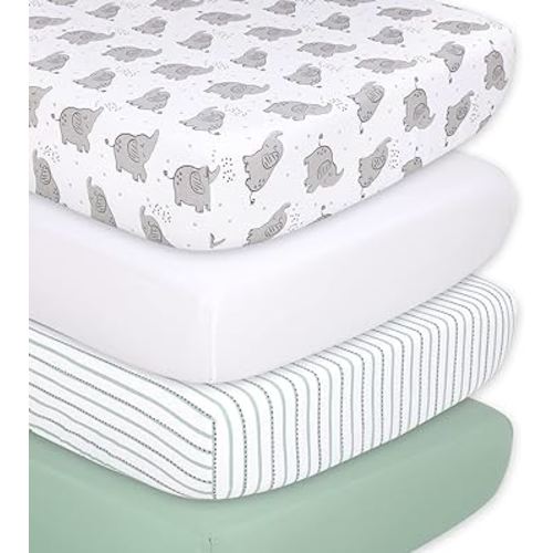 The Peanutshell Fitted Crib Sheets Set, Unisex 4 Pack, Grey Elephant Baby Bedding, White, Green, & Neutral Nursery Decor