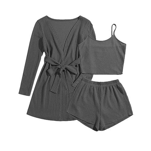Ekouaer Womens 3 Piece Waffle Knit Lounge Set Soft Pajama Sets Tank Top and Shorts Cardigan with Pockets S-XXL