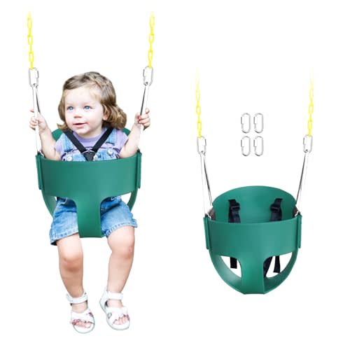 High Back Full Bucket Toddler Swing Seat with 3- Point Adjustable Safety Harness, 66 inch Detachable Chain,Suitable for Babies Aged 6-24 MonthsBaby Swing for Swingset (Green)