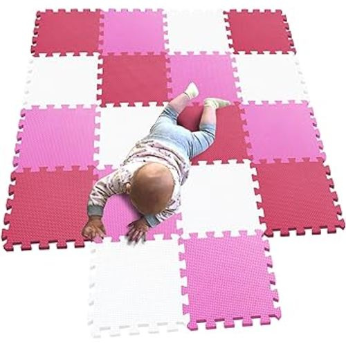 MQIAOHAM Outdoor/Indoor Protective Flooring Mats - Interlocking Reversible Floor Matting Suitable Gym, Play Area, Exercise, Yoga White Pink Rose 101103109