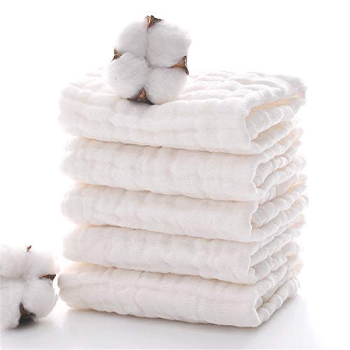 MUKIN Baby Muslin Washcloths, Natural Cotton, Soft Newborn Face Towel, 5 Pack, 12 x 12 inches (White)