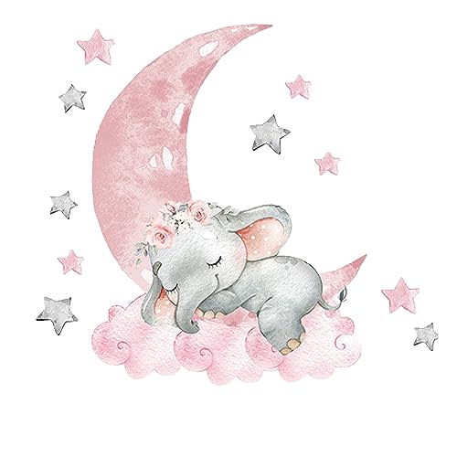 Cute Nursery Elephant Wall Stickers with Pink Moon and Stars Wall Decals for Nursery Kids Room, Living Room, Bedroom Decorations, Home Decor Baby Shower Decorations