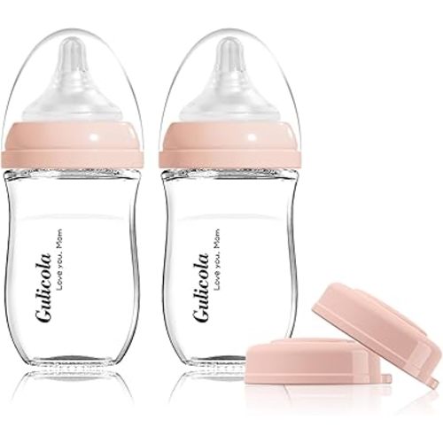 Gulicola Natural Glass Baby Bottle for Breastfeeding Babies, Newborn Anti-Colic Bottle Set with Slow Flow Nipple, 0-3 Months, 5 oz, 2 Pack - Pink
