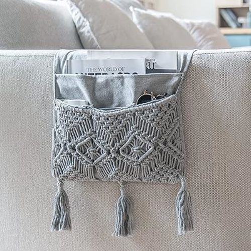 Mkono Macrame Sofa Armrest Organizer Remote Control Holder Magazine Storage Basket Bed Couch Chair Arm Bedside Caddy for TV Remote Control, Magazine, Books, Cell Phone, iPad, Boho Home Decor, Grey
