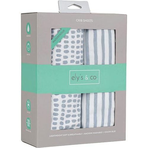 Ely’s & Co. Waterproof Crib Sheet/Toddler Bed Sheets – All-in-One Mattress Protector and Fitted Sheet – Soft Jersey Cotton, Misty Blue Splash & Stripes, Baby Boy Nursery Bedding Essential – 2-Pack