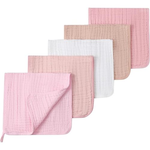 Muslin Burp Cloths 5 Pack Large 20x12 inches Baby Burping Cloths, 6-Layer 100% Cotton for Newborn Boys Girls, Ultra Soft & Absorbent (White & Pink)