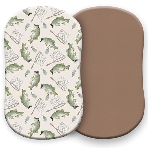 Pobibaby – 2 Pack Bassinet Sheets Boy, Bassinet Sheets Cotton 33x20 for Neutral Nursery for Standard Rectangle Bassinets – Ultra-Soft Jersey Knit, Safe and Snug for Baby (Gone Fishing)