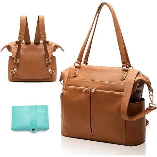 MOMINSIDE Diaper Bag Tote, Leather Diaper Bag Backpack with 14 Pockets, Convertible Baby Bag for Boys Girls, Baby Registry, Changing Pad, 4 Large Insulated Pockets(Brown)