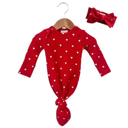 Organic Waffle Knotted Gown & Bow Set, Little White Heart (on Red)