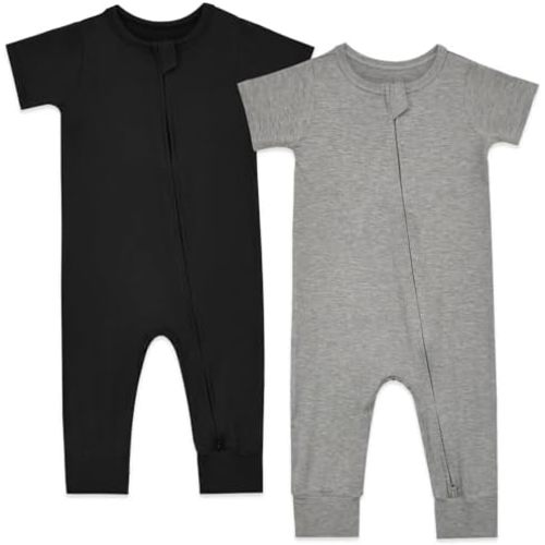 Aablexema Baby Romper Bamboo Rayon Short Sleeve Footless Pajamas 2 Way Zipper Summer Sleeper Jumpsuit Outfits 0-24 Months