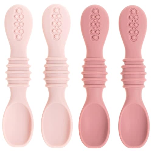 Silicone Baby Spoons for Baby Led Weaning 4-Pack, First Stage Baby Feeding Spoon Set Gum Friendly BPA Lead Phthalate and Plastic Free, Pink
