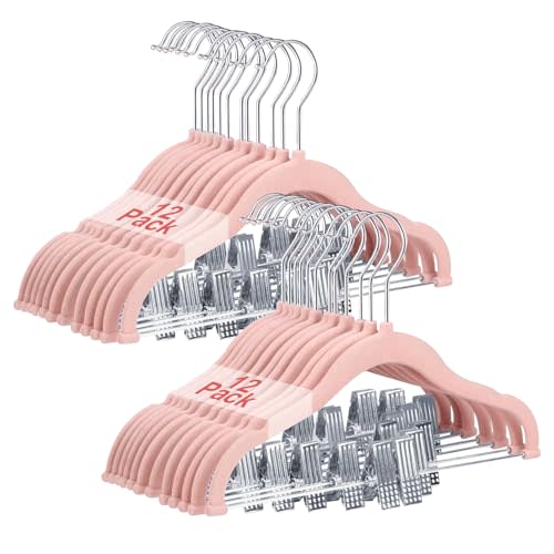 Wellong Baby Clothes Hangers with Clips, 24 Packs Kids Velvet Clothes Hangers, Heavy-Duty Childrens Hangers, Storage Organizer Clothing Hangers for Shirts, Pants, Skirts, Dresses, Jackets, Coat Pink