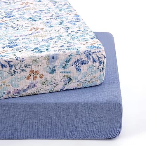 TILLYOU 2 Pack Muslin Crib Sheets for Boys and Girls, 100% Cotton Fitted Crib Sheet for Toddler 52"x28" Standard Crib Mattress, Blue Flower