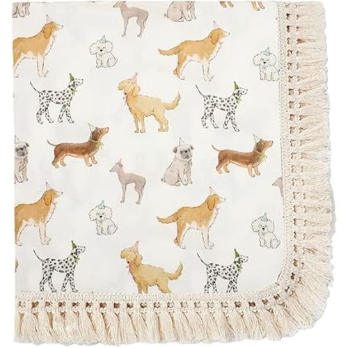 insular Cotton Muslin Baby Blanket with Tassel, Boho Bohemian Muslin Swaddle Blanket Baby Receiving Blanket with Fringe, Nursery Decor Throw or Nursing Blankets, 47" x40”, Party Dogs