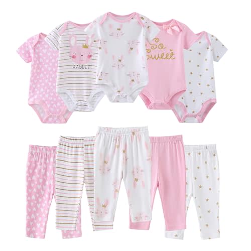 Ruliby Baby Bodysuit and Pant Set 10-pcs Cotton Soft Newborn Boy Girl Clothes Outfits