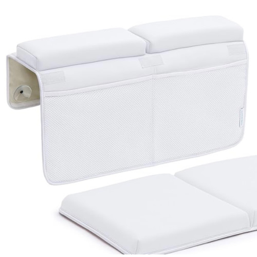 Bath Kneeler and Elbow Rest Pad, Extra Thick Baby Bath Kneeling Pad and Elbow Pad for Bathtub. Bath Tub Elbow Pad with Infant Toy and Baby Accessories Organizer, Off White Color