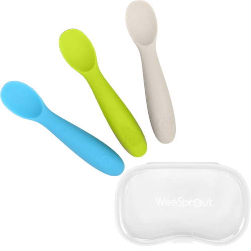 WeeSprout Baby Spoons for Self Feeding 6 Months +, Sensitive Gums & Teeth, 3 Pack + Case