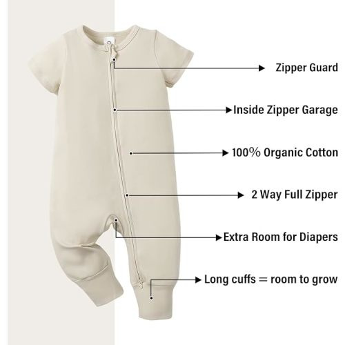 OPAWO Footless Pajamas Baby Boy Summer Romper Double Zipper Sleepers Baby Girl Organic Newborn Onesies Jumpsuit 0-12 Months - 0-3 Months - Apricot 1