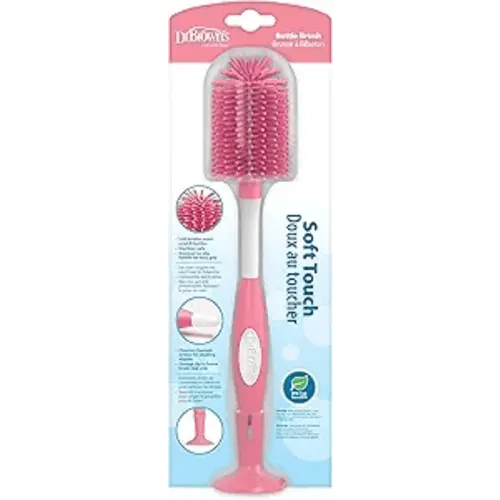 Dr. Brown's Soft Touch No Scratch Baby Bottle Cleaning Brush Nipple Cleaner with Stand and Storage Clip, BPA Free, Pink 1-Pack