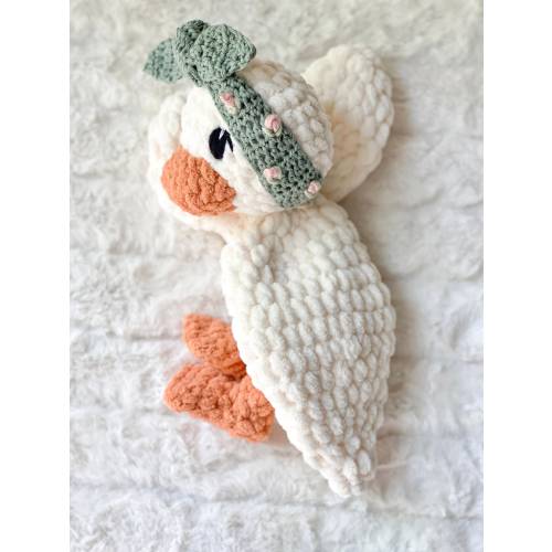 MADE TO ORDER Crocheted Della Duck Lovey: Cottagecore Duck Snuggler with Rosebud Headband