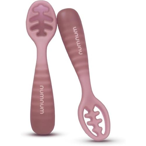NumNum Baby Spoons Set, Pre-Spoon GOOtensils for Kids Aged 12+ Months - First Stage, Baby Led Weaning (BLW) Spoon - Self Feeding, Silicone Toddler Food Utensils - 1-Pack, 2 Spoons, Mauve