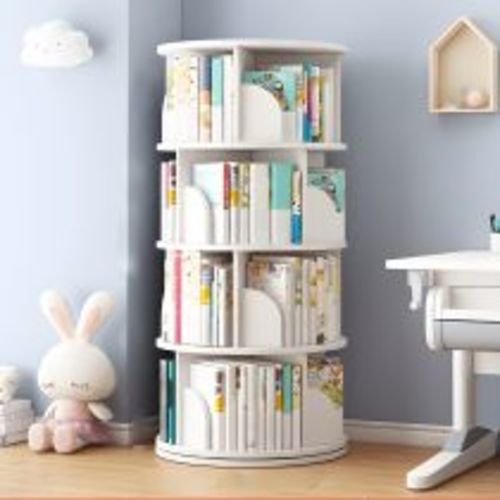 Round Rotatable Bookcase Wooden Open Storage Bookshelf for Home Office - White 18.1"L x 18.1"W x 50.4"H