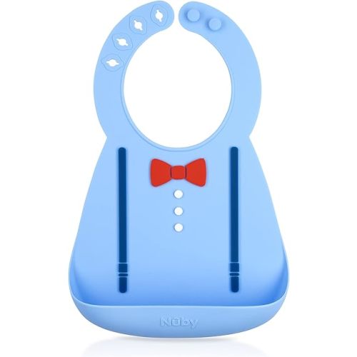 Nuby 3D Soft Silicone Baby Bib with Scoop - Silicone Bib for Toddlers and Babies 6+ Months - Suspenders and Bow Tie
