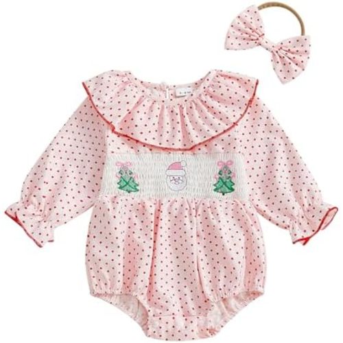 My First Christmas Baby Girl Outfit Newborn Santa Smocked Bubble Romper Cute Ruffle Bodysuit One Piece Xmas Clothes