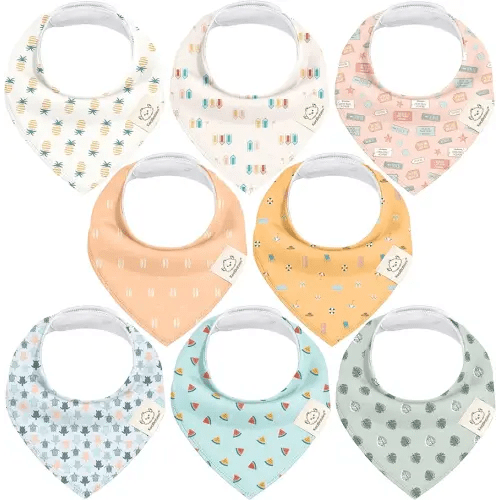 8-Pack Organic Baby Bandana Bibs for Girls - Super Absorbent Triangle Baby Bibs for Drooling and Teething Infant, 100% Cotton Extra Soft for Newborn, Infant 0-36 Months (Beach Day)