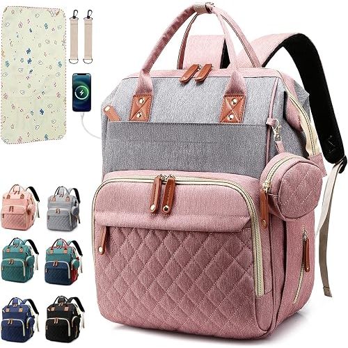 SHITIESHOU Diaper Bag Backpack Baby Bag, Baby Girl Boy Diaper Bag for Dad Mom with Pad, 16 Pockets, Pacifier Case, Large Diaper Bags Unisex for Travel(Pink Grey)