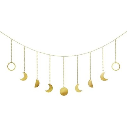 Mkono Moon Phase Wall Hanging Boho Aesthetic Room Decor Metal Moons Garland Hanging Art Bohemian Home Decoration for Girls Room Nursery Bedroom Livingroom Dorm, Ideal, Gold, 50"