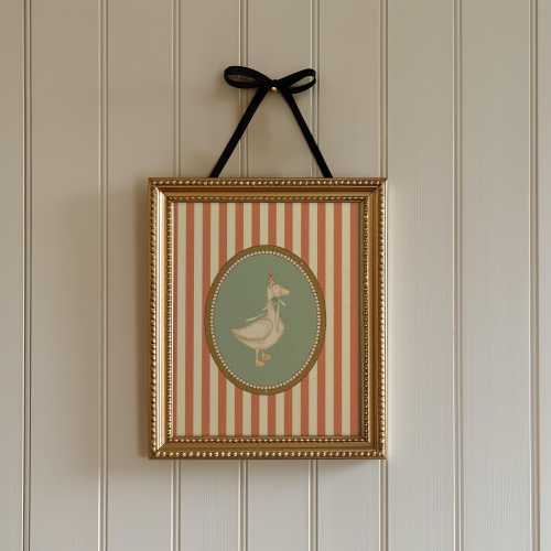 Vintage Goose with Party Hat - Whimsical Nursery Print - Red Striped Kids Wall Art - Animal Poster for Baby Room - Silly Goose Art Print