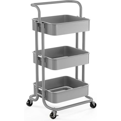 Pipishell 3 Tier Mesh Utility Cart, Rolling Metal Organization Cart with Handle and Lockable Wheels, Multifunctional Storage Shelves for Kitchen Living Room Office Grey