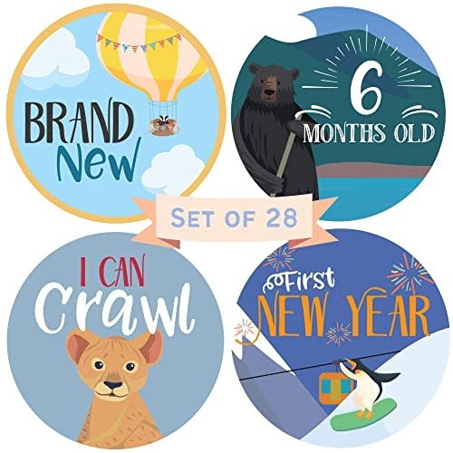 RubyRoo Baby Milestone Stickers - Monthly Stickers for Boy or Girl - 28 Pack - Includes 12 Monthly,1st Year Milestones & First Holidays - Perfect Baby Shower & Newborn Birthday Gift (Adventure)