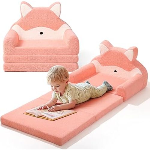 little dove 2-in-1 Kids Couch, Extra Wide Soft Toddler Couch Fold Out, Convertible Kids Sofa to Lounger, Comfy Toddler Chair, Kid Furniture for Playroom, Ideal Gifts for Boys & Girls, Fox